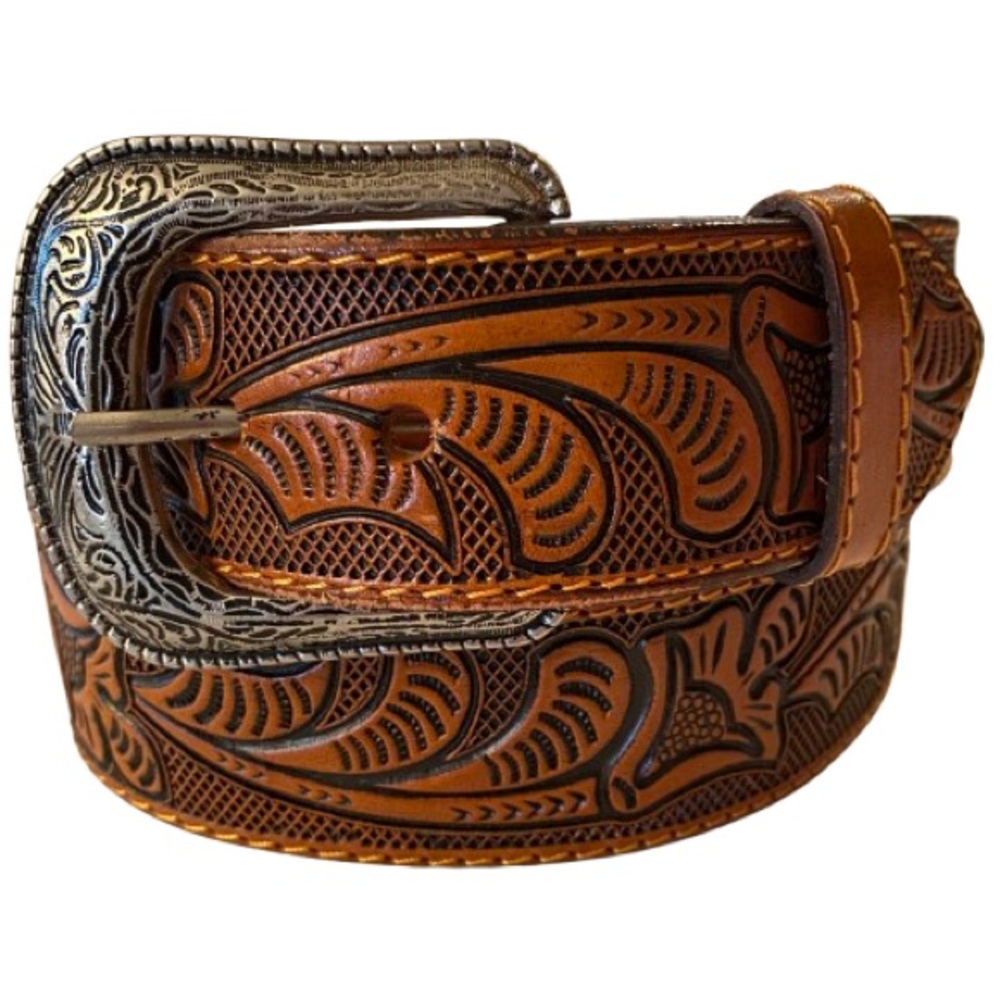 Tooled Brown Leather Belt Men's Size 36 Removable Silver Toned Buckle Mexico